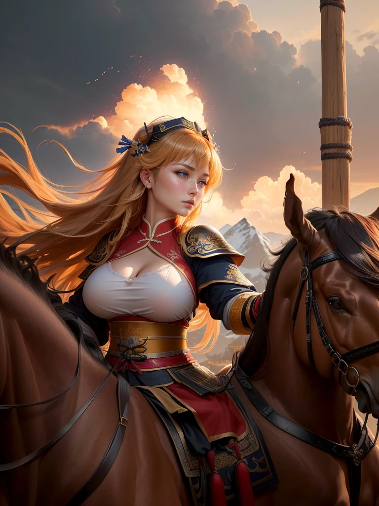 a close up of a woman with a bow and a bow on a horse, mongol, guan yu, genghis khan, inspired by Hu Zaobin, chinese warrior, zhao yun, photo of genghis khan, bian lian, inspired by Wu Bin, inspired by Huang Shen, inspired by Cao Zhibai, feng shu, chinese three kingdoms, yang qi, Highly detailed CG unit 8k wallpaper, masterpiece, High resolution, highest quality, highest quality real texture skin, Super Real, Digital Painting, Best image quality, 最High resolution, 8k, (((Highly detailed eyes and face, Beautiful eyes every detail))), profile, light brown hair,  disproportionate breasts, huge breasts, sagging breasts, gigantic breasts, erect nipple, clevage cutoff, 