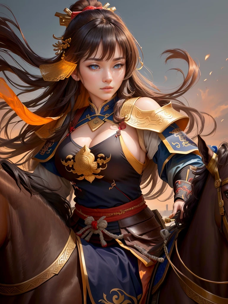 a close up of a woman with a bow and a bow on a horse, mongol, guan yu, genghis khan, inspired by Hu Zaobin, chinese warrior, zhao yun, photo of genghis khan, bian lian, inspired by Wu Bin, inspired by Huang Shen, inspired by Cao Zhibai, feng shu, chinese three kingdoms, yang qi, Highly detailed CG unit 8k wallpaper, masterpiece, High resolution, highest quality, highest quality real texture skin, Super Real, Digital Painting, Best image quality, 最High resolution, 8k, (((Highly detailed eyes and face, Beautiful eyes every detail))), profile, light brown hair, disproportionate breasts, huge breasts, sagging breasts, gigantic breasts, erect nipple, clevage cutoff,