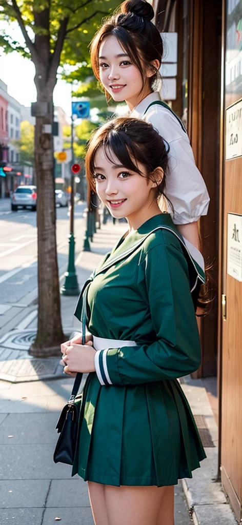 A high school girl wearing a green sailor uniform is smiling while on a date in a downtown area。Put your hair in a bun。