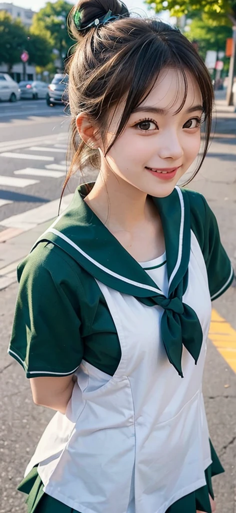 top-quality、masterpiece、hight resolution、4K、real 18 year old woman、White sailor suit、Red pleated mini skirt a park、Puku Face、Shorthair、1girl in、