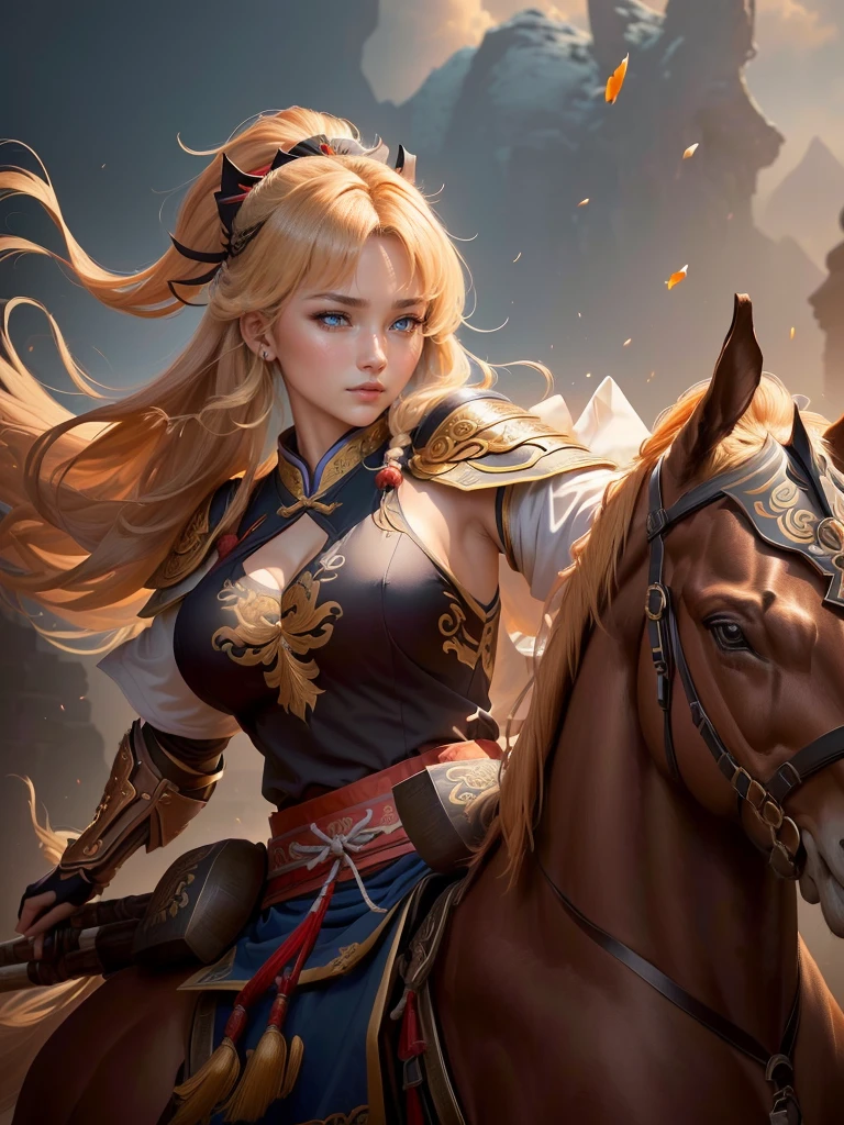 a close up of a woman with a bow and a bow on a horse, mongol, guan yu, genghis khan, inspired by Hu Zaobin, chinese warrior, zhao yun, photo of genghis khan, bian lian, inspired by Wu Bin, inspired by Huang Shen, inspired by Cao Zhibai, feng shu, chinese three kingdoms, yang qi, Highly detailed CG unit 8k wallpaper, masterpiece, High resolution, highest quality, highest quality real texture skin, Super Real, Digital Painting, Best image quality, 最High resolution, 8k, (((Highly detailed eyes and face, Beautiful eyes every detail))), profile, light brown hair, disproportionate breasts, huge breasts, sagging breasts, gigantic breasts, erect nipple, clevage cutoff,