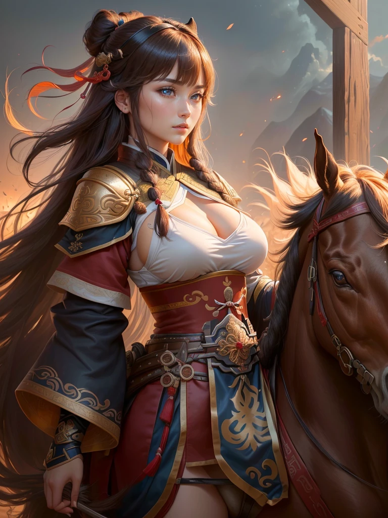 a close up of a woman with a bow and a bow on a horse, mongol, guan yu, genghis khan, inspired by Hu Zaobin, chinese warrior, zhao yun, photo of genghis khan, bian lian, inspired by Wu Bin, inspired by Huang Shen, inspired by Cao Zhibai, feng shu, chinese three kingdoms, yang qi, Highly detailed CG unit 8k wallpaper, masterpiece, High resolution, highest quality, highest quality real texture skin, Super Real, Digital Painting, Best image quality, 最High resolution, 8k, (((Highly detailed eyes and face, Beautiful eyes every detail))), profile, light brown hair, disproportionate breasts, huge breasts, sagging breasts, gigantic breasts, erect nipple, clevage cutoff,