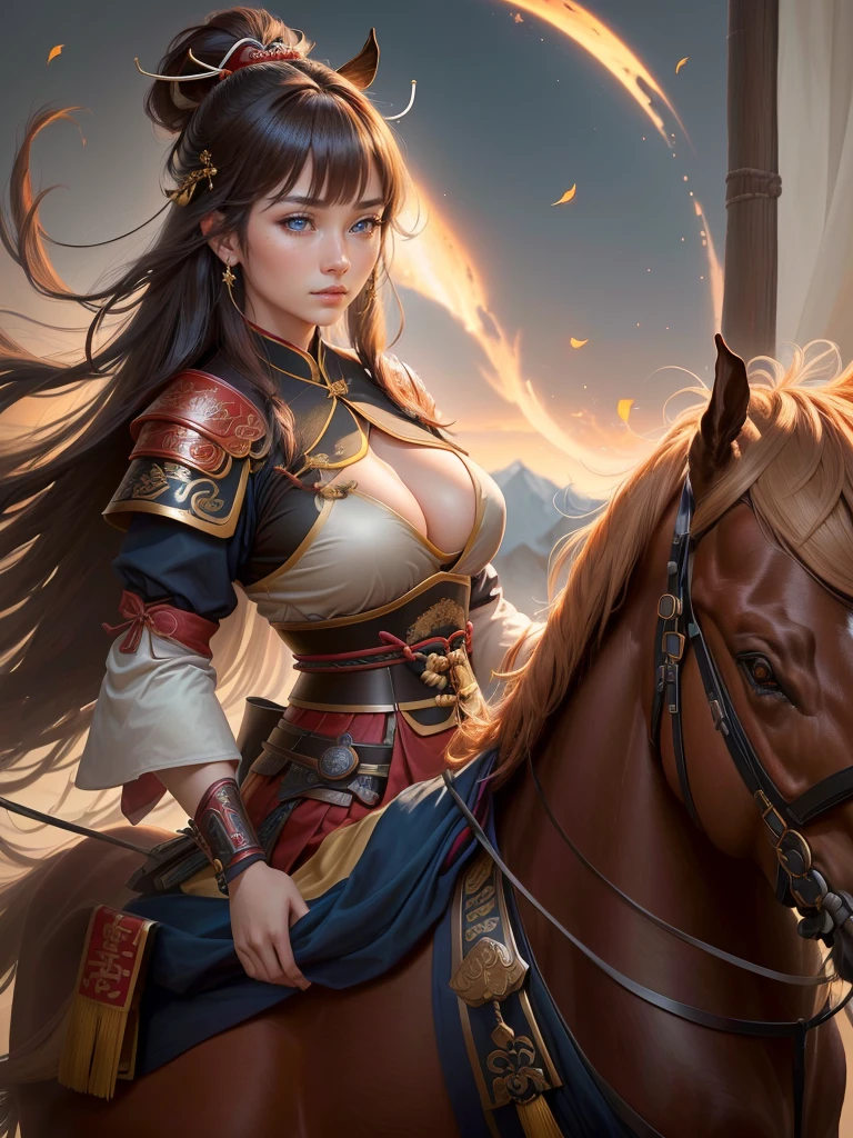 a close up of a woman with a bow and a bow on a horse, ol, guan yu, genghis khan, inspired by Hu Zaobin, chinese warrior, zhao yun, photo of genghis khan, bian lian, inspired by Wu Bin, inspired by Huang Shen, inspired by Cao Zhibai, feng shu, chinese three kingdoms, yang qi, Highly detailed CG unit 8k wallpaper, masterpiece, High resolution, highest quality, highest quality real texture skin, Super Real, Digital Painting, Best image quality, 最High resolution, 8k, (((Highly detailed eyes and face, Beautiful eyes every detail))), profile, light brown hair, disproportionate breage breasts, sareasts, gigantic , erect nipple, clutoff,