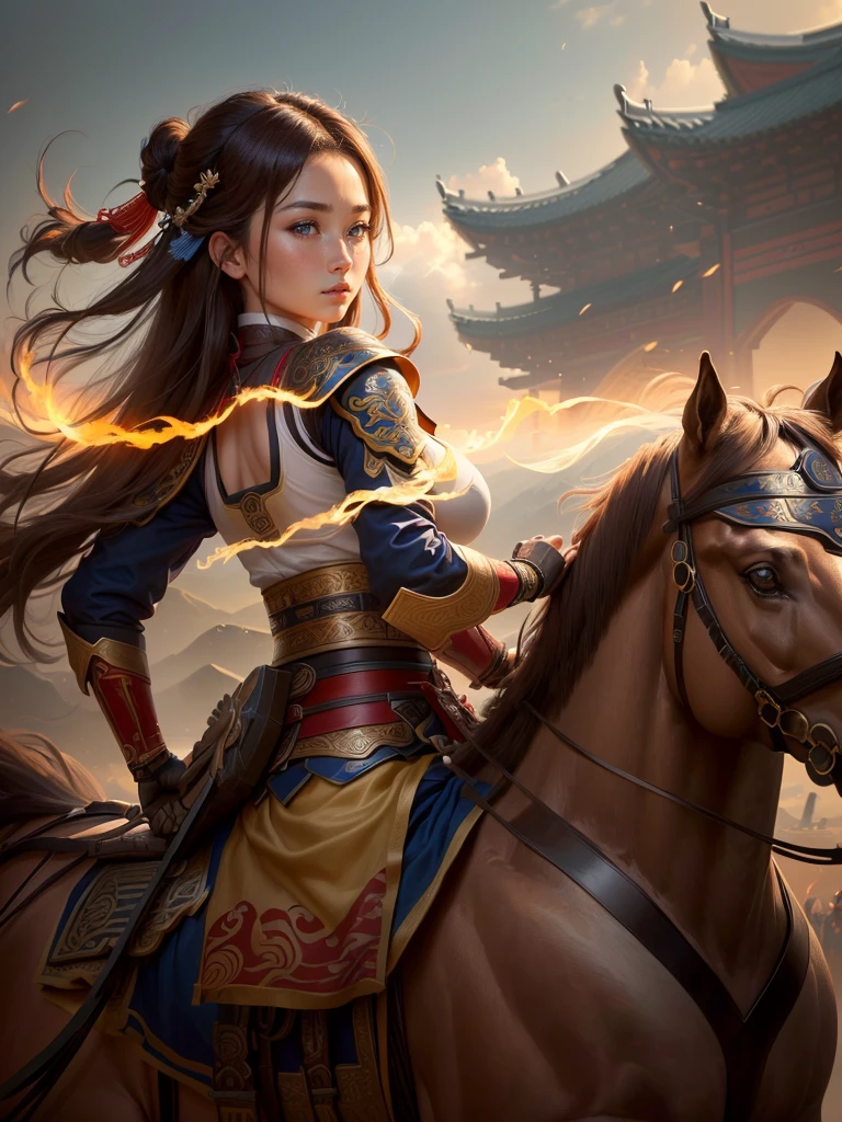 a close up of a woman with a bow and a bow on a horse, mongol, guan yu, genghis khan, inspired by Hu Zaobin, chinese warrior, zhao yun, photo of genghis khan, bian lian, inspired by Wu Bin, inspired by Huang Shen, inspired by Cao Zhibai, feng shu, chinese three kingdoms, yang qi, Highly detailed CG unit 8k wallpaper, masterpiece, High resolution, highest quality, highest quality real texture skin, Super Real, Digital Painting, Best image quality, 最High resolution, 8k, (((Highly detailed eyes and face, Beautiful eyes every detail))), profile, light brown hair,  disproportionate breasts, huge breasts, sagging breasts, gigantic breasts, ????? nipple, clevage cutoff, 