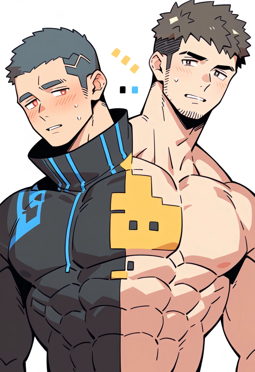 anime characters：Gyee Priapus, Muscle Sports Student, Buzz Cut, Manliness, male focus, Compression bodysuit, Yellow and black high collar long sleeve tight diving suit, Very tight, Regular symmetrical pattern, full and perky chest muscles, muscular male, muscular, only, Upper body, alone, Red short hair, Thick eyebrows, stubble, Brown-red pupils, White background, simple background, amazing quality, best aesthetics, Ridiculous, crew cut, parted lips, flustered, endured face, shy, blush, negative space, negative space, best quality