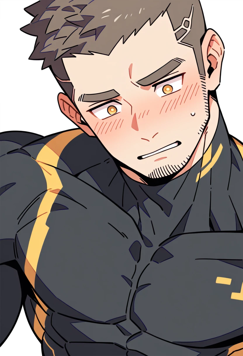 anime characters:Gyee Priapus, Muscle Sports Student, Buzz Cut, Manliness, male focus, Compression bodysuit, Yellow and black high collar long sleeve tight diving suit, Very tight, Regular symmetrical pattern, full and perky chest muscles, muscular male, muscular, only, Upper body, alone, Red short hair, Thick eyebrows, stubble, Brown-red pupils, White background, simple background, amazing quality, best aesthetics, Ridiculous, crew cut, parted lips, flustered, endured face, shy, blush, negative space, negative space, best quality