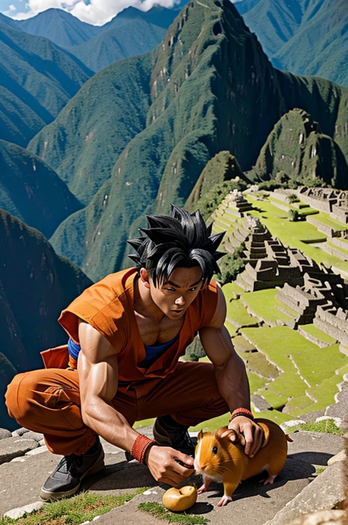 A 3D image of Goku eating guinea pig with potatoes in Machu Picchu