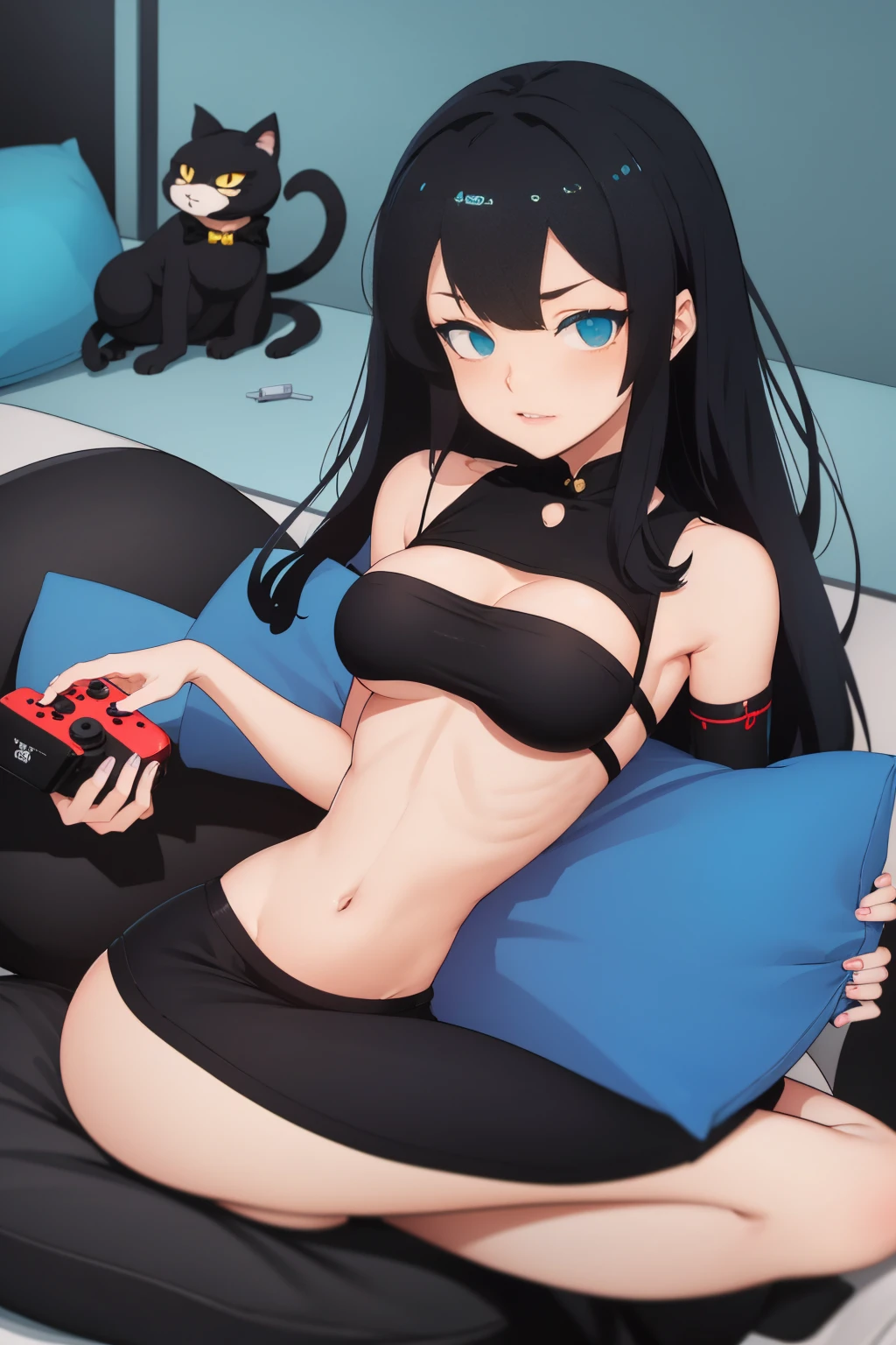 punctuation_9, punctuation_8_High above, punctuation_7_High above, punctuation_6_High above, punctuation_5_High above, punctuation_4_High above, 1girl, Bblack hair, a cartoon picture of a woman with a big breast sitting on the ground, fluffy chest, in pajamas(dressed as a black cat), anime cel shaded, Covered breasts and SFW, wearing pajamas(sitting on the cushion (blue in color), with a Nintendo Switch in hand), Kantai Collection Style, anime moe art style, , twintails brancos_mitts, seductive anime girl((dressed as a black cat)),with a Nintendo Switch in hand(spiral eye(she is hypnotized)), ((playing nintendo switch))