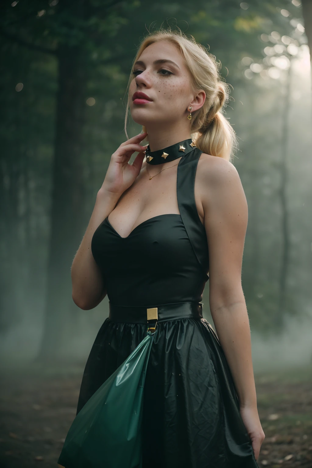 A luscious paintings captures a vibrant colorful moment Featuring A blonde-curvy girl. 18yo, curvy girl, natural-makeup, (freckles, blushing), puffy lips(bold pink-lips), porcelain skin(very pale skin), large sagging breasts, wide hips. Her gold-blonde-hair is straight(top ponytails). She is capturing attention in lush green surroundings, Dressed in a strapless attire(backless, accents her large sagging bust),and a studded-choker. Pout face expression, she is holding a plastic bag with a shiny sticky-sweet slime(glowing sticky slime). he photograph captures the cold of the fparty-orest(with mist, foggy),Sad atmosphere and the sense that something oppressive is about to unfold. A haze and a soft focus on the background enhance the quality of the image. ((The camera is tilted to create a sense of disorientation or artistic tension, Dynamic camera angle view))-adding a surreal touch to the Lovecraftian, (backlighting), (depressive colors), faded film, desaturated colors, 70mm photo, grainy, vignette, vintage, Kodachrome, Lomography, Horror movie effects. vignette, high budget, bokeh, epic, Inspiration from the writings of H.P. Lovecraft