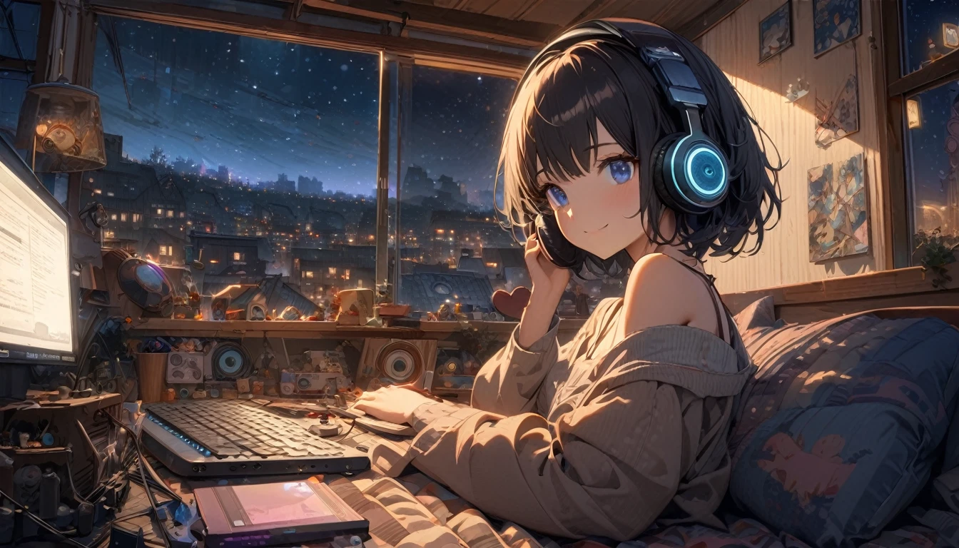 beautiful 1girl, solo, gentle smile on her face flat chest, short hair, black hair, blue eyes, Beautiful depiction,girl sitting in front of a computer in a cozy bedroom, girl listening to music in a cozy room (night), Using headphones, on the roof, (beautiful night views from windows), lots of things,very detailed, hard disk, surreal