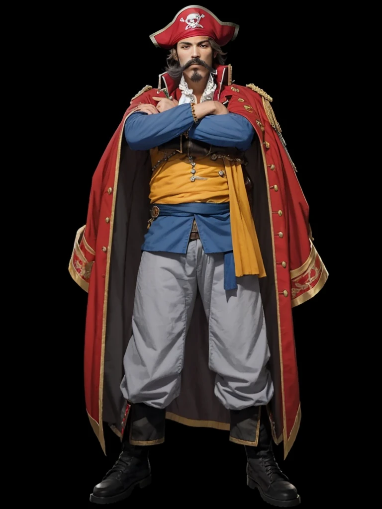 A pirate lord, with red jacket, shirt blue, Gray pants, pirate hat on head, big mustache