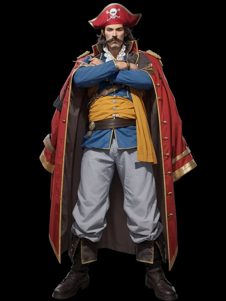 A pirate lord, with red jacket, shirt blue, Gray pants, pirate hat on head, big mustache