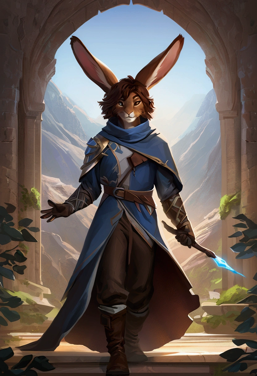  ,(Solo), concept art, anthro male rabbit, brown fur, brown hair, mage, clothes, single character