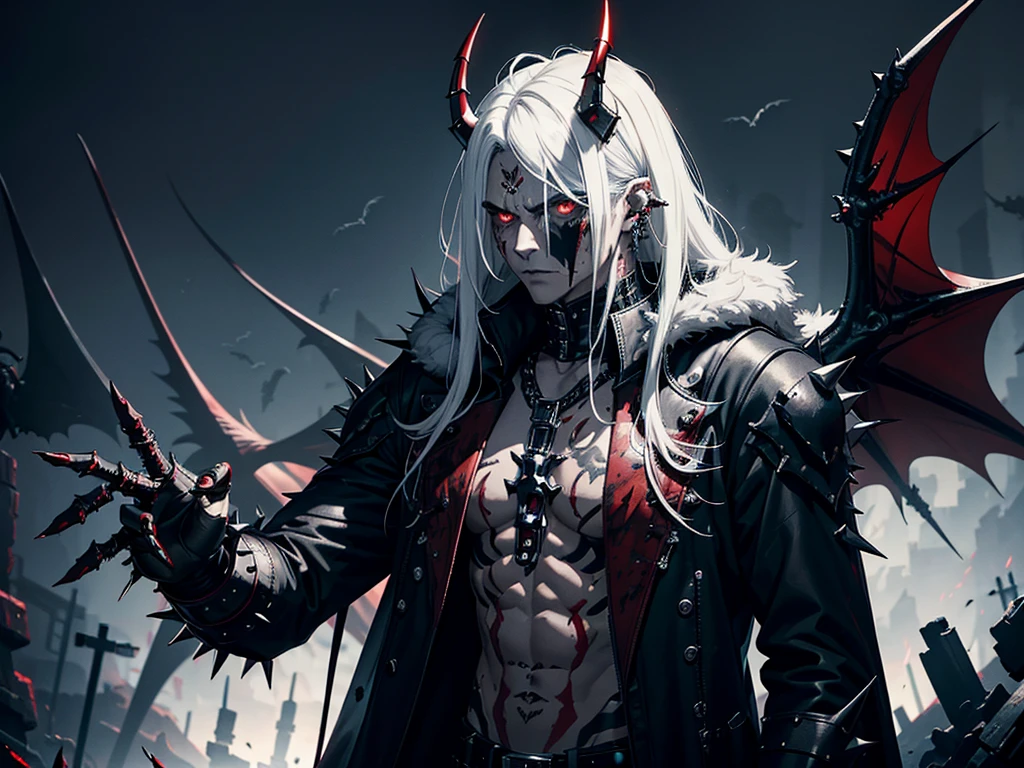 demon, man, masculine, spiky messy white long hair, red eyes, blood tears, ear piercings, face piercings, blood, scars, tattoos, bats, mechanical arms, wearing black robot suit, wearing black fur cloak, mechanical wings, mechanical horns, graveyard, night, high res, ultrasharp, 8k, masterpiece, looking at viewer