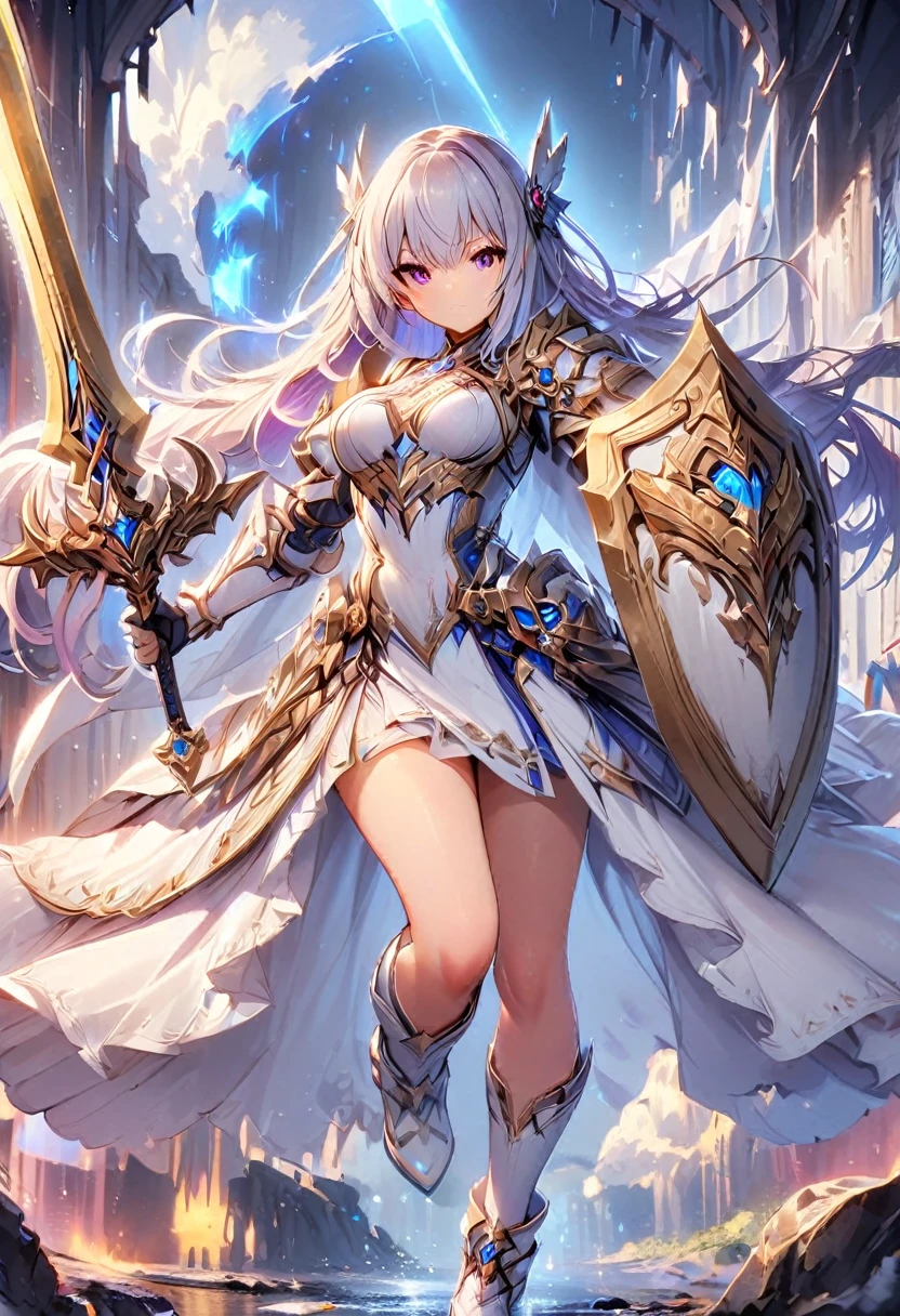 1girl has a tall figure and has is long, purple hair. She wears a white leotard, combined with black line elements. She wears a white hair ornament and carries an extremely large golden sword. bare legs, white boots, full body, purple eyes
