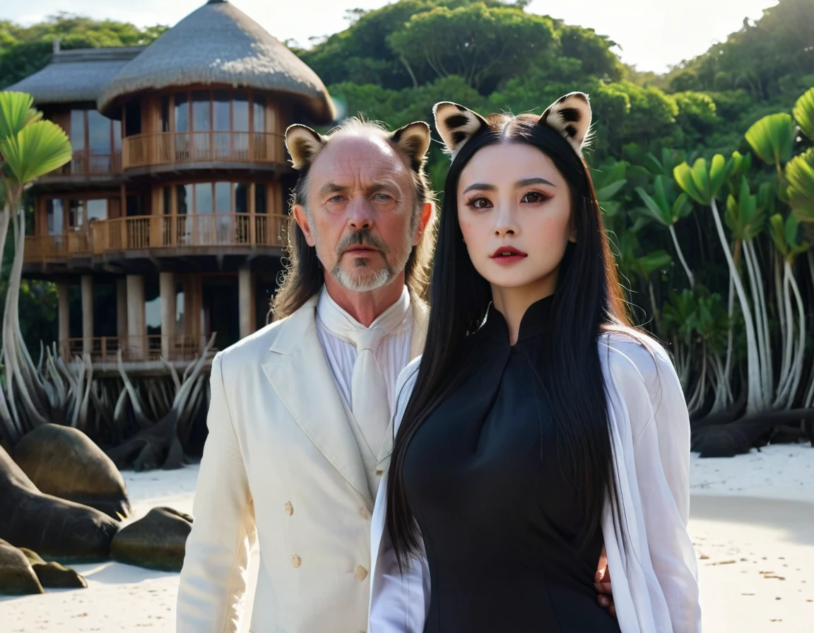 From the movie "The Island of Dr. Moreau", (leopard ears, whisker flesh, vertically elongated pupils:1.5), long straight black hair, beautiful woman in a black dress baring her fangs, standing on the beach, a middle-aged man in a white coat standing next to the woman, (background is a luxurious tropical mansion and mangrove forest: 1.4), mythical creature, detailed face, realistic, photorealistic, 8k, (best quality,4k,8k,highres,masterpiece:1.2),ultra-detailed,(realistic,photorealistic,photo-realistic:1.37),HDR,UHD,studio lighting,ultra-fine painting,sharp focus,physically-based rendering,extreme detail description,professional,vivid colors,bokeh,portrait, Children's Illustration Style