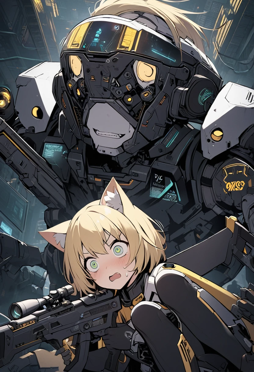 "Create an image of a blonde-haired character with cat ears, wearing a futuristic outfit, holding a sniper rifle. The character looks extremely panicked and flustered after missing a shot, with wide eyes, exaggerated facial expression, and sweat drops flying off their face. The background remains a high-tech, cyberpunk environment."