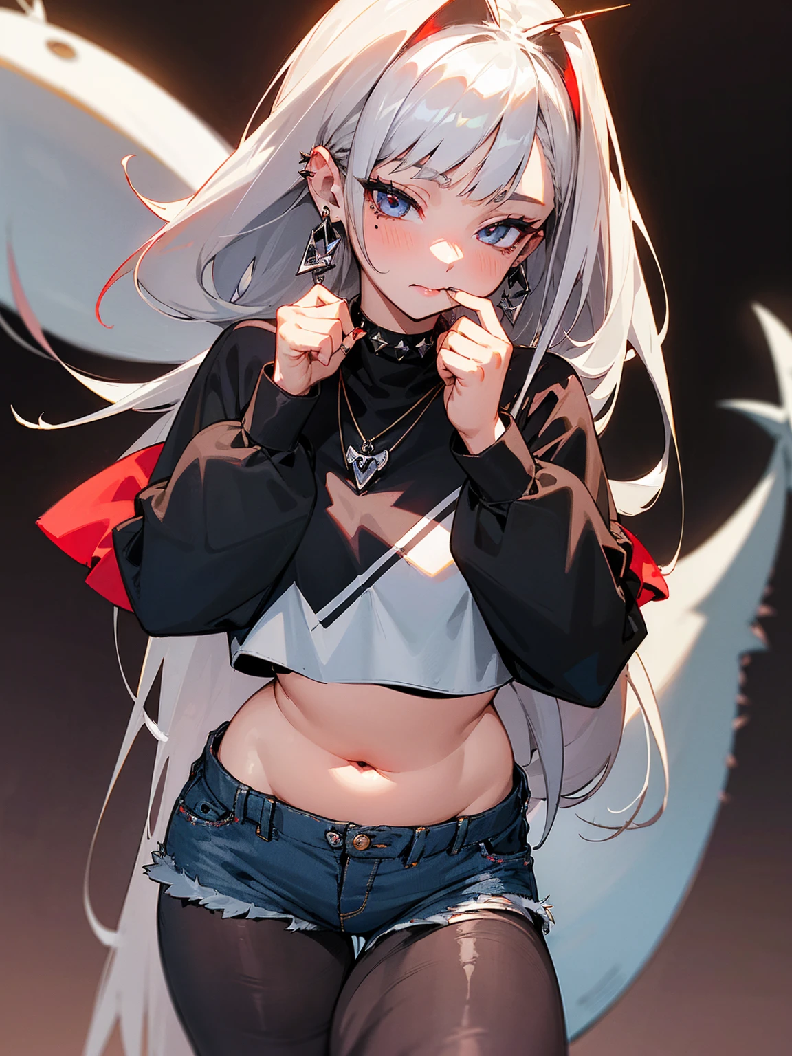 ((Long Straight Silver hair)), Perfect face, Choker, Punk earrings, ((Tall)), ((High Quality)), Necklace, ((Mature)), Pretty Eyes, Sharp Nails, Bangs, ((1 Girl)), ((Multiple Earrings)), 1 girl, Spiky Earrings, Adult, Spiked Collar, Thin Eyelashes, Black Background, Red Colors in Background, Vampire Girl, Long Tail, Large Tail, Massive Tail, Shark Tail, ((Jean Shorts)), ((Long Sleeve Crop Top)), Close Up, Very Short Mini Skirt, Tall, Long Legs, Dynamic Pose, Black Tail, 2 moles under left eye, Pantyhose, Vibrant Colors, Close Up, Sexy, Suggestive, Sexually Suggestive, Thick, Thick Body, Plump, Plumpy, NSFW, Naked, Nipples, Vagina, Skinny,