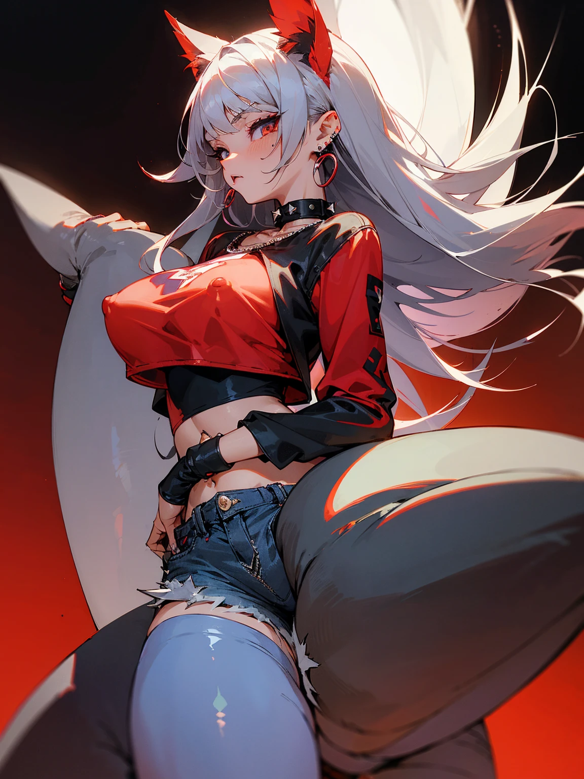 ((Long Straight Silver hair)), Perfect face, Choker, Punk earrings, ((Tall)), ((High Quality)), Necklace, ((Mature)), Pretty Eyes, Sharp Nails, Bangs, ((1 Girl)), ((Multiple Earrings)), 1 girl, Spiky Earrings, Adult, Spiked Collar, Thin Eyelashes, Black Background, Red Colors in Background, Vampire Girl, Long Tail, Large Tail, Massive Tail, Shark Tail, ((Jean Shorts)), ((Long Sleeve Crop Top)), Close Up, Very Short Mini Skirt, Tall, Long Legs, Dynamic Pose, Black Tail, 2 moles under left eye, Pantyhose, Vibrant Colors, Close Up, Sexy, Suggestive, Sexually Suggestive, Thick, Thick Body, Plump, Plumpy, NSFW, Naked, Nipples, Vagina, Skinny,