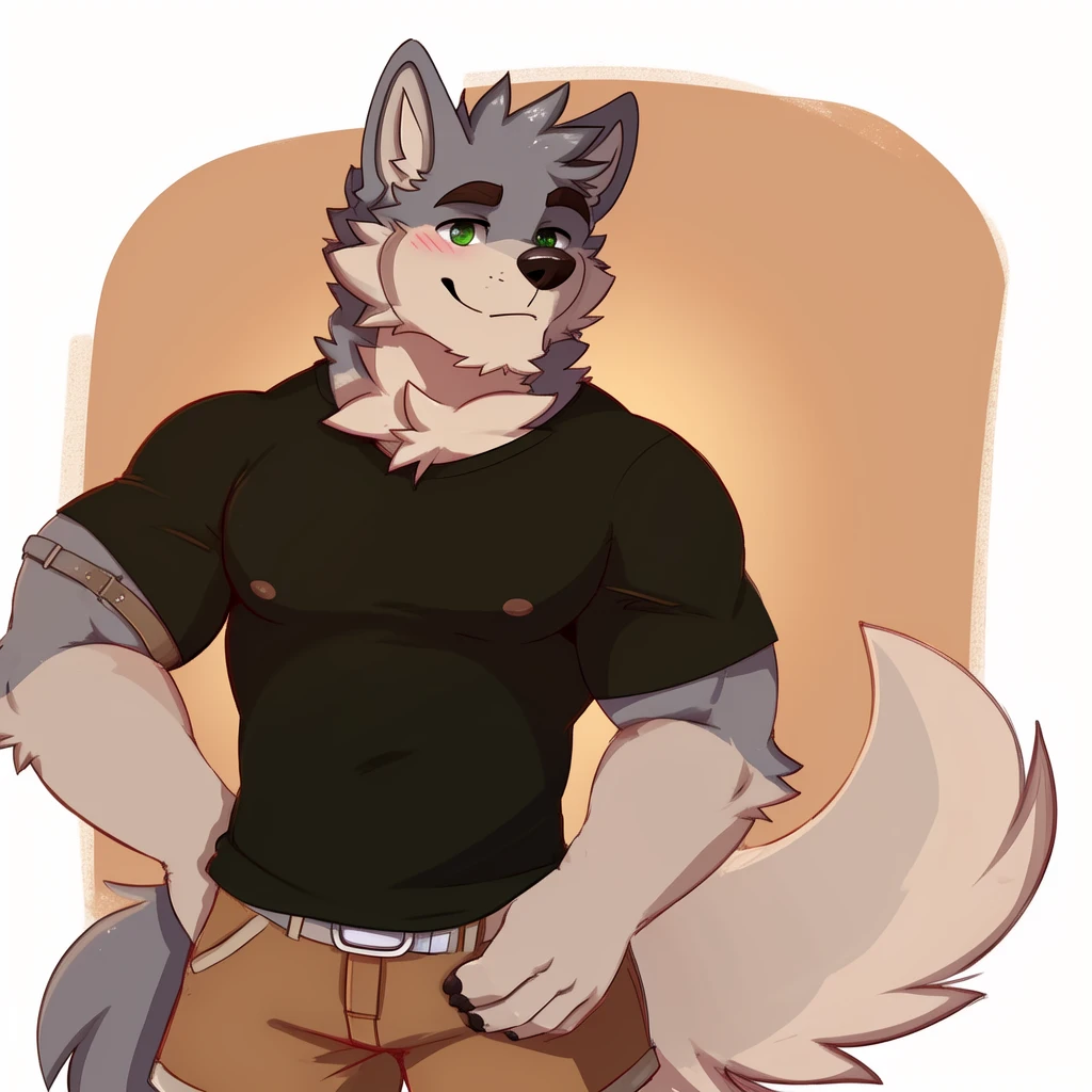 free standing, green eyes, Alone, wolf tail, muscular male , (soft shading), 4k, anything, Five fingers, detailed hands, ((detailed face, (ojos detaileds:1.0), detailed)), (whole body), Alone, blush, short hair, 1 chico, T-shirt casual, T-shirt, male focus, fangs, Dog tail ,Body coat, pose neutral, whole body, stopped, gotten up, small smile, por pache riggs