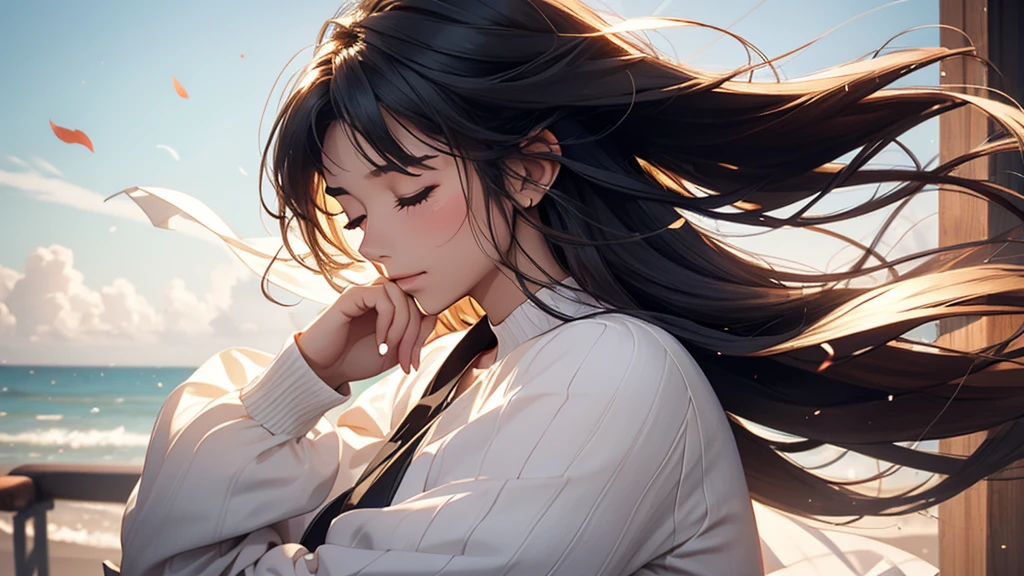 a close up view of a girl with her hair blowing in the wind, 1girl, long hair, solo, upper body, closed eyes, long sleeves