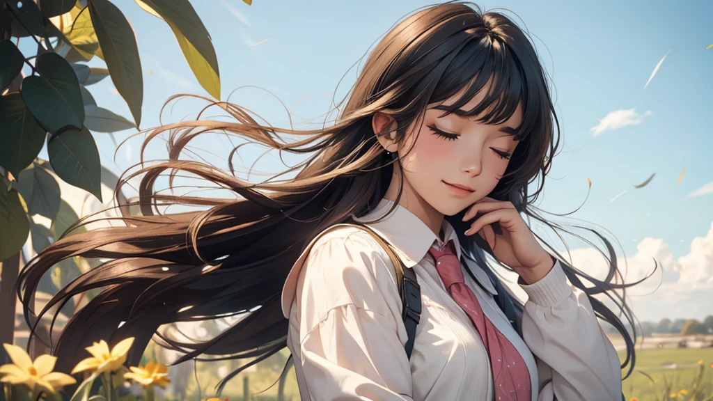 a close up view of a girl with her hair blowing in the wind, 1girl, long hair, solo, upper body, closed eyes, long sleeves