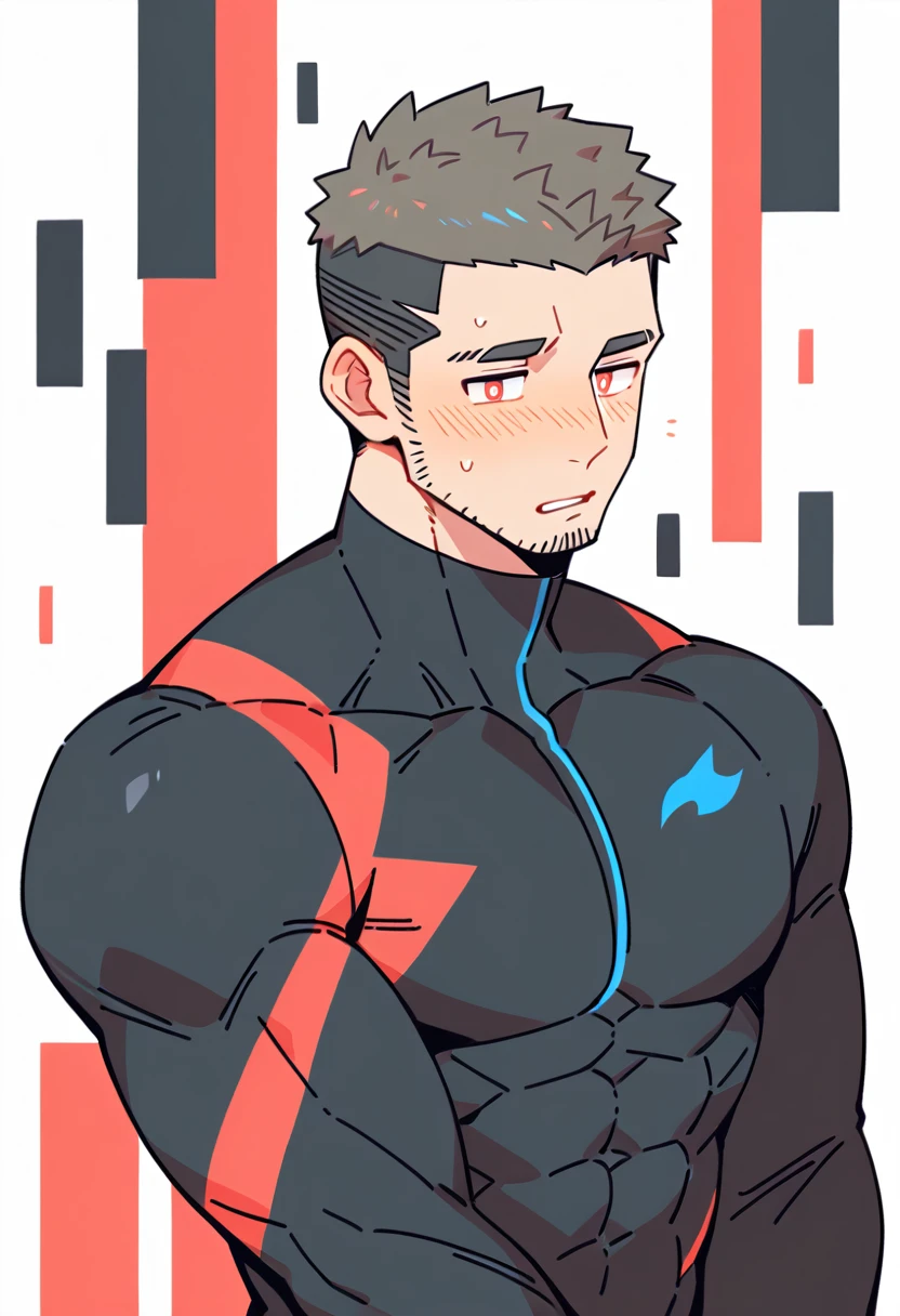 anime characters:Gyee Priapus, Muscle Sports Student, Buzz Cut, Manliness, male focus, Compression bodysuit, Yellow and black high collar long sleeve tight diving suit, Very tight, Regular symmetrical pattern, full and perky chest muscles, muscular male, muscular, only, Upper body, alone, Red short hair, Thick eyebrows, stubble, Brown-red pupils, White background, simple background, amazing quality, best aesthetics, Ridiculous, crew cut, parted lips, flustered, endured face, shy, blush, negative space, negative space, best quality