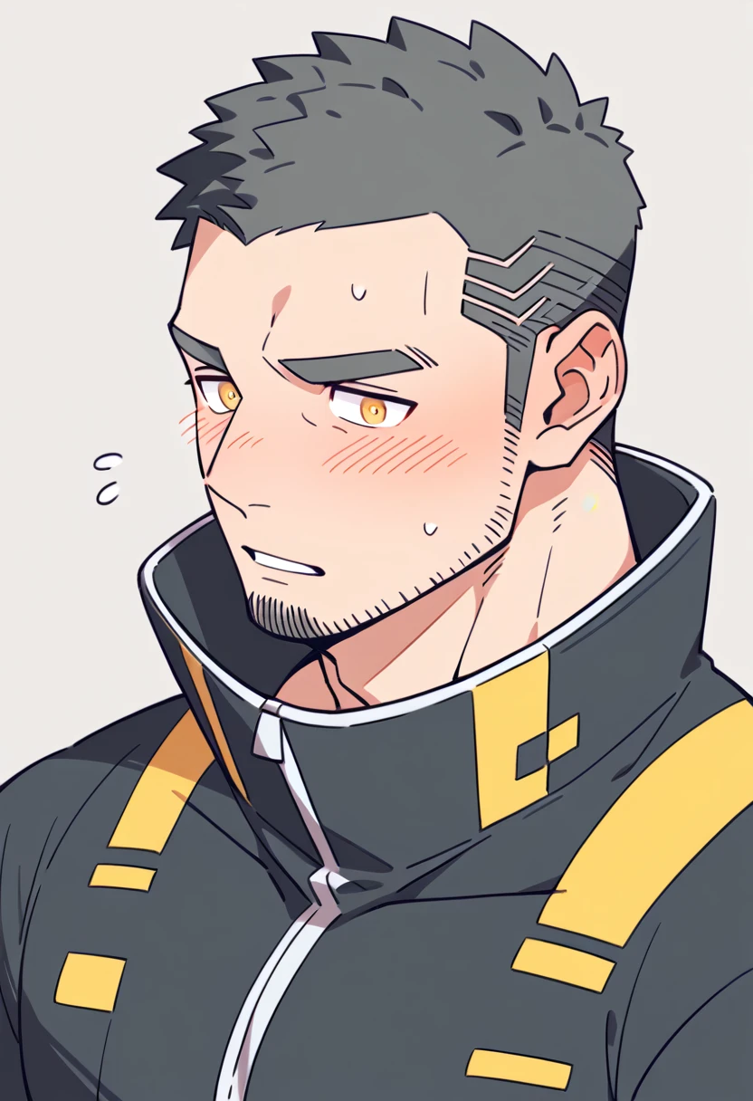 anime characters：Gyee Priapus, Muscle Sports Student, Buzz Cut, Manliness, male focus, Compression bodysuit, Yellow and black high collar long sleeve tight diving suit, Very tight, Regular symmetrical pattern, full and perky chest muscles, muscular male, muscular, only, Upper body, alone, Red short hair, Thick eyebrows, stubble, Brown-red pupils, White background, simple background, amazing quality, best aesthetics, Ridiculous, crew cut, parted lips, flustered, endured face, shy, blush, negative space, negative space, best quality