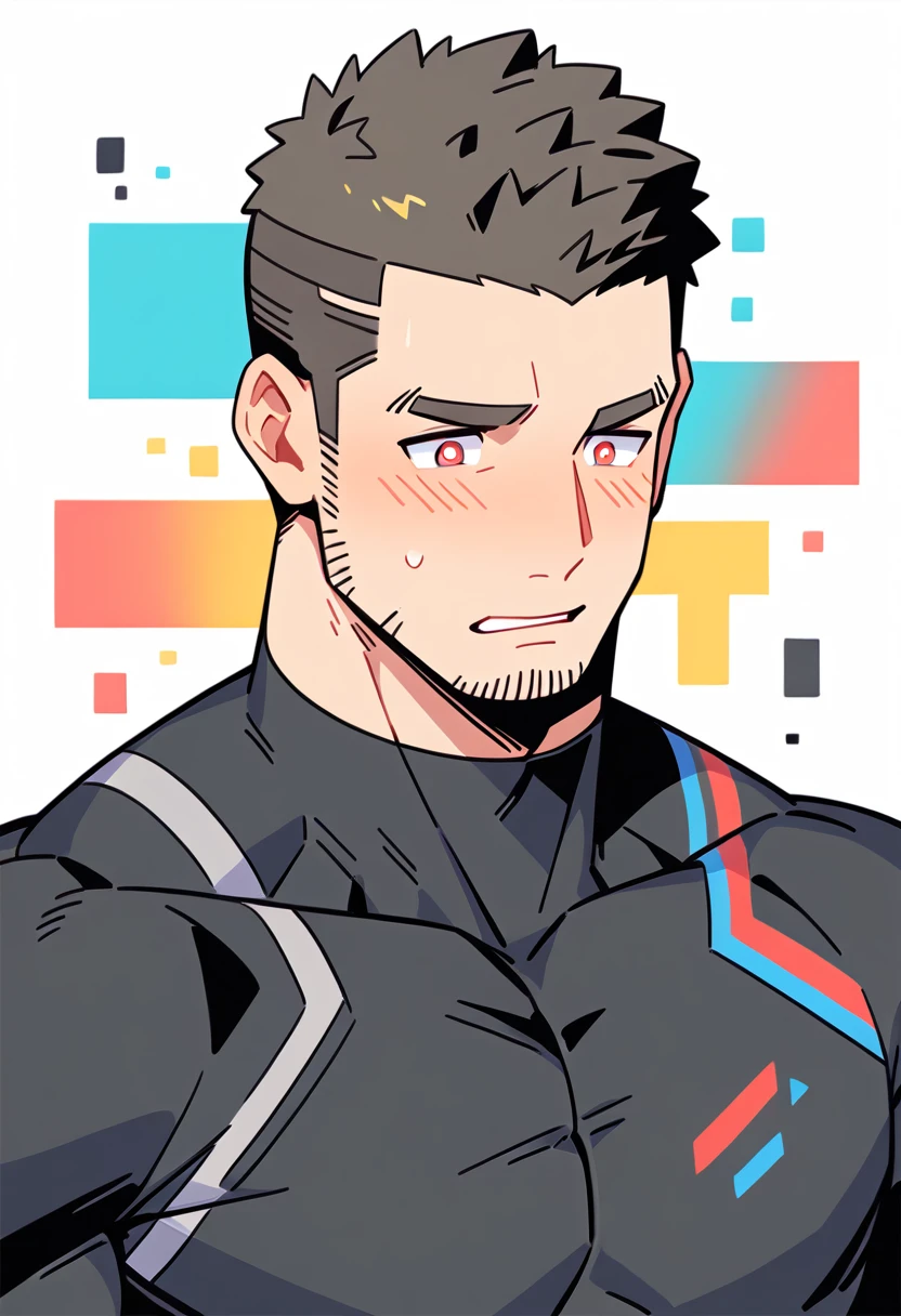 anime characters:Gyee Priapus, Muscle Sports Student, Buzz Cut, Manliness, male focus, Compression bodysuit, Yellow and black high collar long sleeve tight diving suit, Very tight, Regular symmetrical pattern, full and perky chest muscles, muscular male, muscular, only, Upper body, alone, Red short hair, Thick eyebrows, stubble, Brown-red pupils, White background, simple background, amazing quality, best aesthetics, Ridiculous, crew cut, parted lips, flustered, endured face, shy, blush, negative space, negative space, best quality