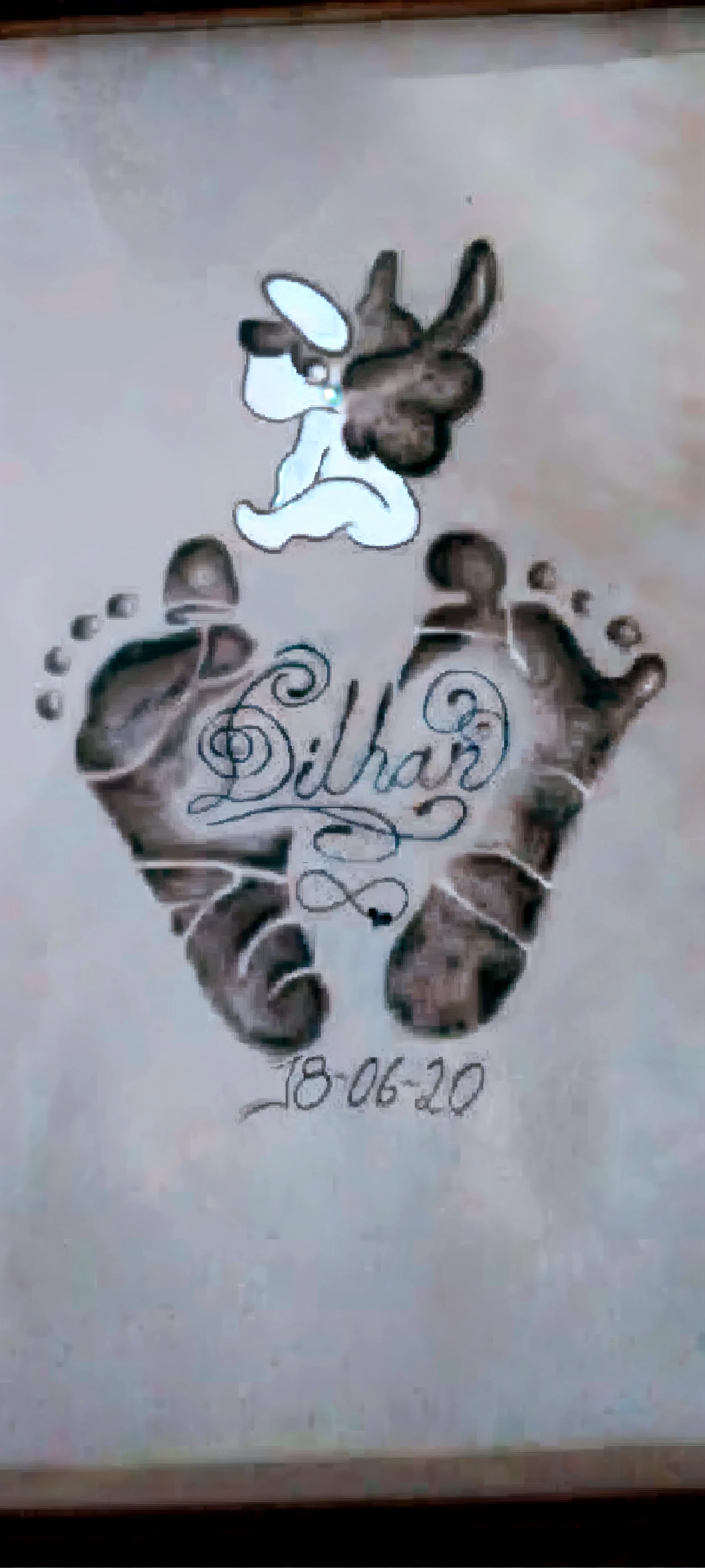 Create a micro realistic black and white pointillism tattoo of a baby girl with a turtle and Viking pointillism runes