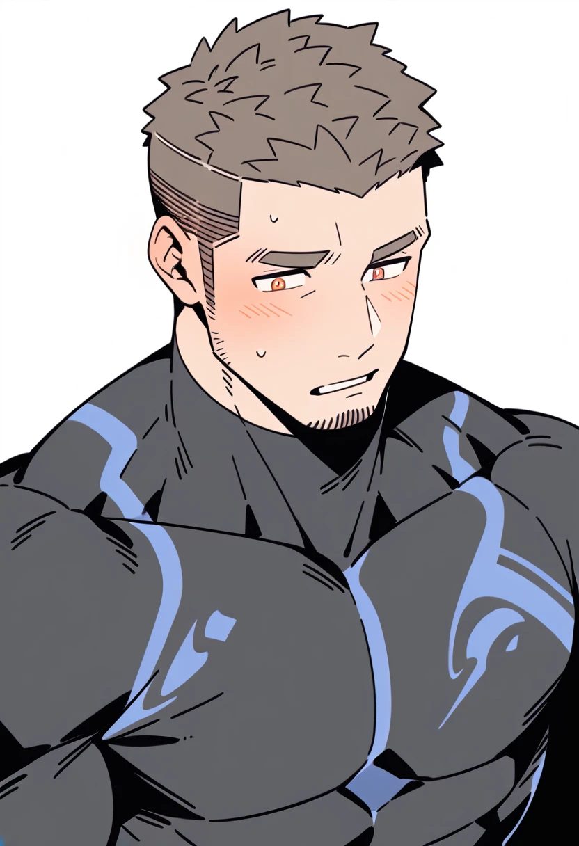 anime characters:Gyee Priapus, Muscle Sports Student, Buzz Cut, Manliness, male focus, Compression bodysuit, Yellow and black high collar long sleeve tight diving suit, Very tight, Regular symmetrical pattern, full and perky chest muscles, muscular male, muscular, only, Upper body, alone, Red short hair, Thick eyebrows, stubble, Brown-red pupils, White background, simple background, amazing quality, best aesthetics, Ridiculous, crew cut, parted lips, flustered, endured face, shy, blush, negative space, negative space, best quality