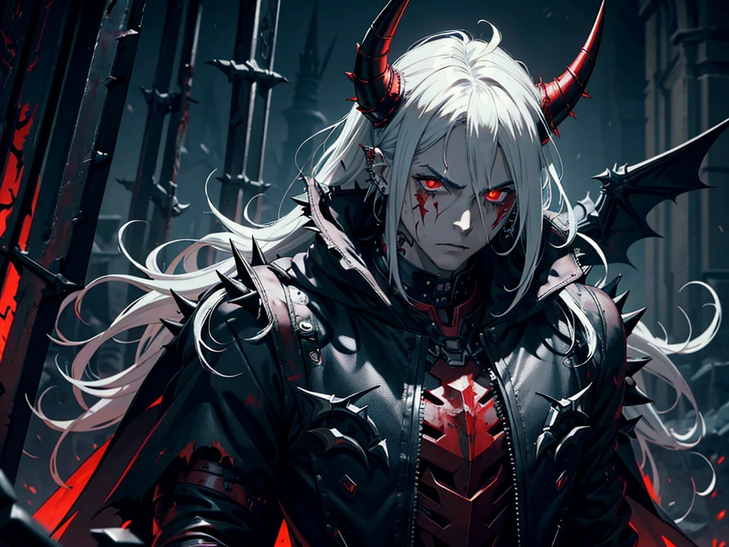 man, masculine, demon, spiky messy white long hair, red eyes, blood tears, ear piercings, face piercings, blood, scars, tattoos, bats, mechanical arms, wearing black robot suit, wearing black fur cloak, mechanical wings, mechanical horns, graveyard, night, high res, ultrasharp, 8k, masterpiece, looking at viewer