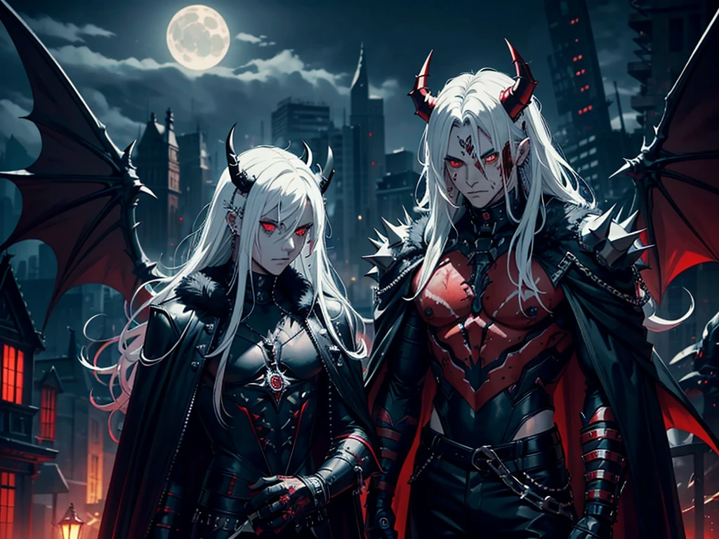 man, masculine, demon, spiky messy white long hair, red eyes, blood tears, ear piercings, face piercings, blood, scars, tattoos, bats, mechanical arms, wearing black robot suit, wearing black fur cloak, mechanical wings, mechanical horns, graveyard, night, high res, ultrasharp, 8k, masterpiece, looking at viewer