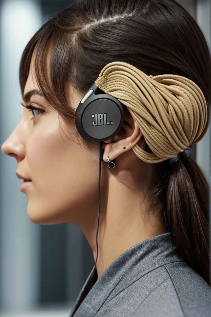 The image is a promotional display showcasing the JBL Tune Flex, a pair of True Wireless Stereo (TWS) earbuds. It features an individual holding a black charging case with the earbuds inside, with the focus clearly on the earbuds and product packaging. The packaging highlights key features like "Pure Bass, Zero Noise," "Active Noise Cancelling," and "Crisp Clear Calls." The image overall aims to promote the JBL Tune Flex earbuds, emphasizing their features and the "CONVERTIBLE TWS" selling point in a home or office setting.