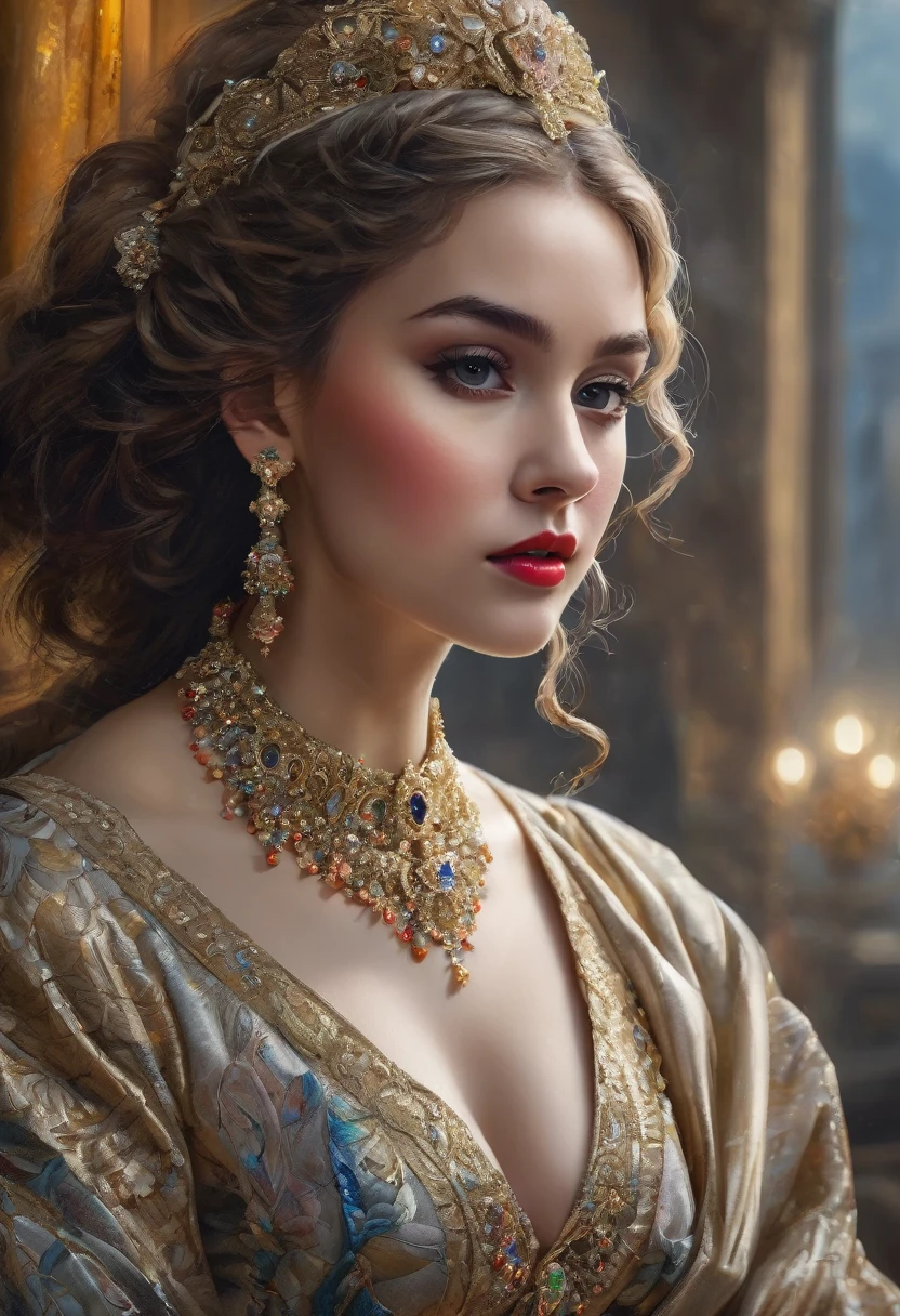 Ball of the Belle, Candy Charlene, Rembrandt perfect eyes, bright red lips, front face, front look, full pose, fantastic face, beautiful look, detailed elegant dress, opulent clothing, elegant hair up, powdered whig, blurred gray tones background, ultra focus, illuminated face, I am rich baby, bling bling, detailed face, 8k resolution, painted, dry brush, brush strokes, razumov style and garmash style, ultra hd, realistic, vivid colors, highly detailed, UHD drawing, pen and ink, perfect composition, beautiful detailed intricate insanely detailed octane render trending on artstation, 8k artistic photography, photorealistic concept art, soft natural volumetric cinematic perfect light, spoiled, ultra hd, realistic, vivid colors, highly detailed, UHD drawing, pen and ink, perfect composition, beautiful detailed intricate insanely detailed octane render