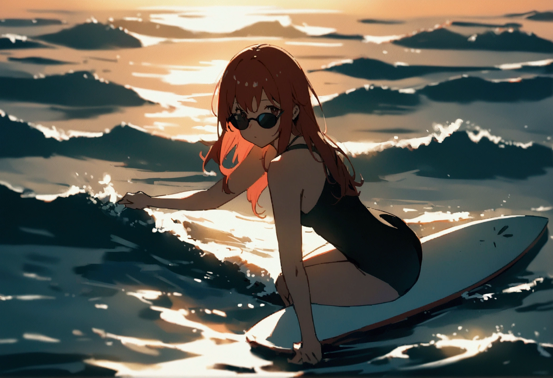 Beautiful redhead Asian girl floating on a surfboard in the ocean in the evening, waiting for waves、Perfect Face、sunglasses、White surfboard、Neon Black、(Backlight 1:1)、 Hard Shadows, masterpiece, Highest quality, Complex, Model shooting style, Vintage, Film Grain, Incomplete details、Xin Haicheng、Ghibli Studio