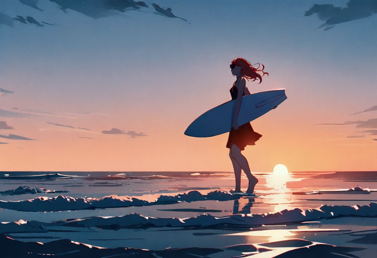 Beautiful redhead Asian girl floating on a surfboard in the ocean in the evening, waiting for waves、Perfect Face、sunglasses、White surfboard、Neon Black、(Backlight 1:1)、 Hard Shadows, masterpiece, Highest quality, Complex, Model shooting style, Vintage, Film Grain, Incomplete details、Xin Haicheng、Ghibli Studio