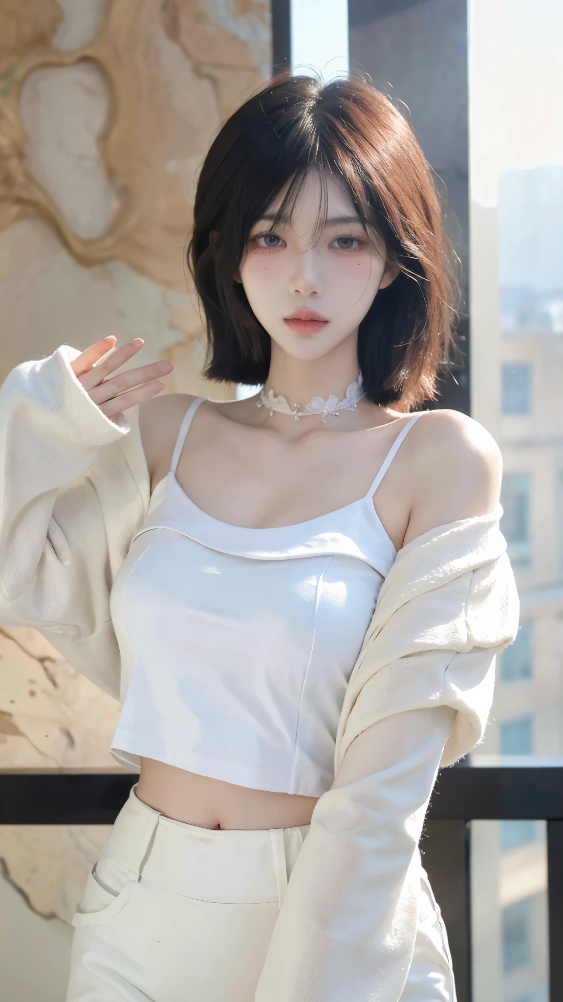 Beautiful woman with perfect figure:1.4，snow，Touching butt with both hands，snow背景，Layered Hairstyle，White skin，Prominent cleavage，Pleated Skirt，whole body，Very delicate face and skin texture，Double eyelids，Skin Whitening，Long white hair