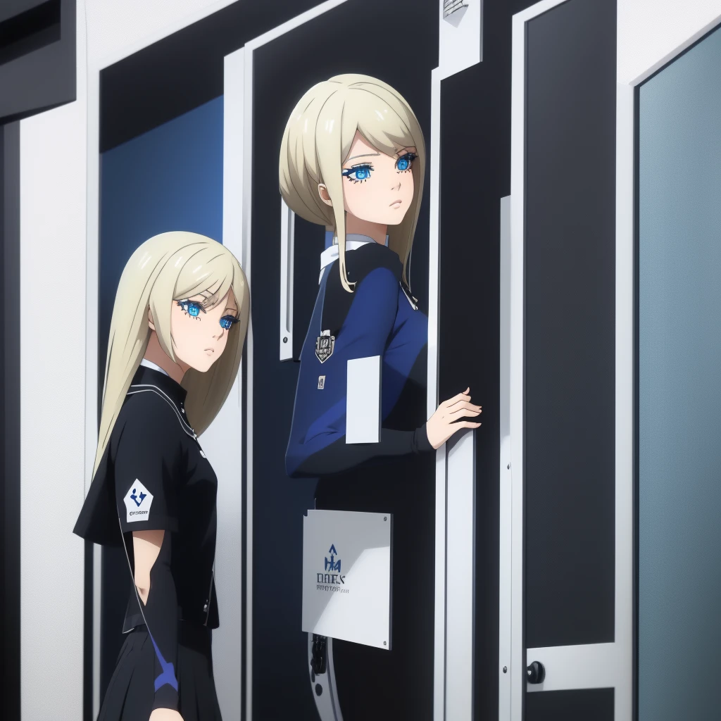 Screencap Blue Lock, a teenager young woman with blue eyes and a beautiful long and blonde hair, big eyelashes, full lips with lip gloss. She wears a uniform consisting of a white shirt and a black skirt. She is animated a the anime style of the anime Blue Lock. captura de pantalla blue Lock, animada ala estilo del anime Blue Lock