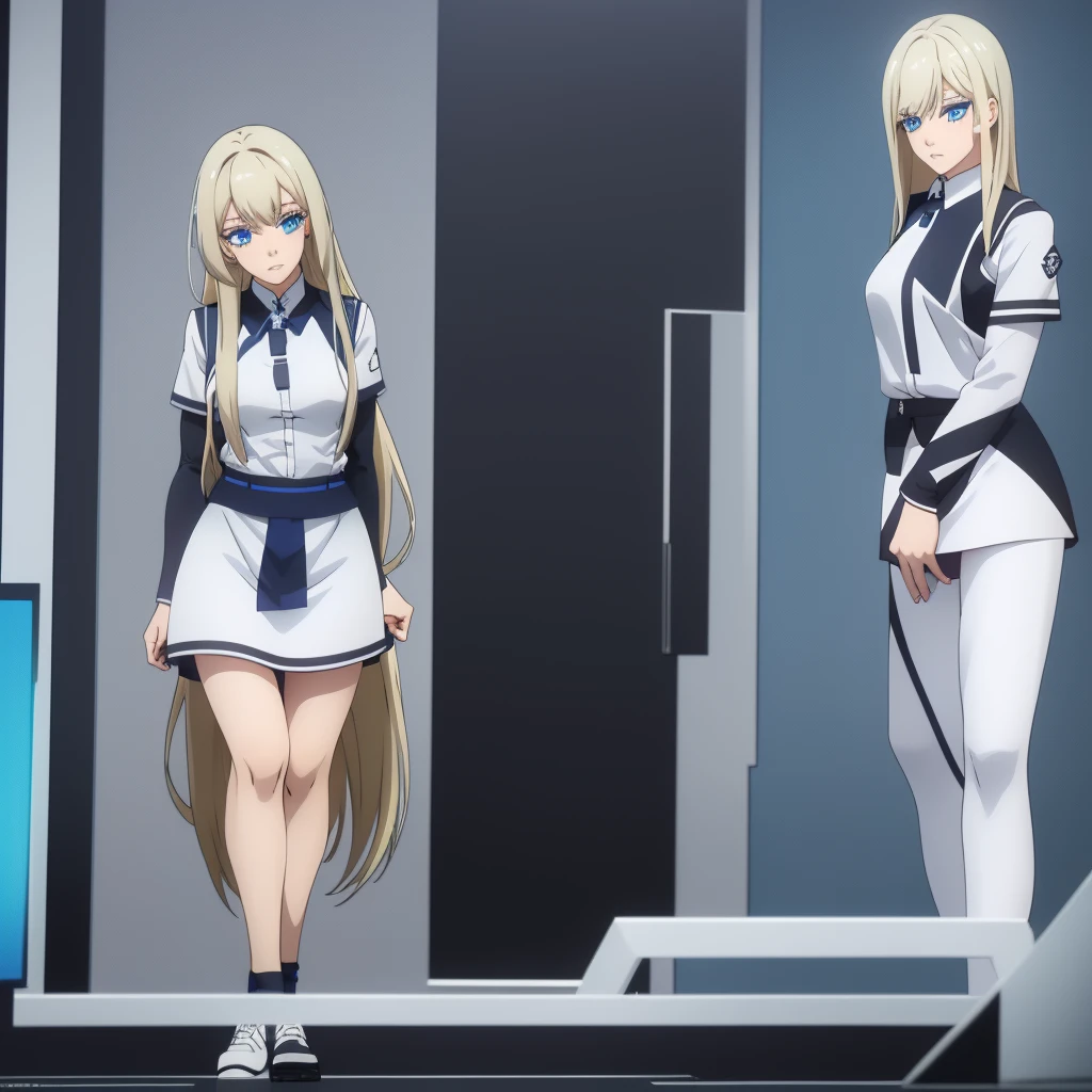 Screencap Blue Lock, a  young woman with blue eyes and a beautiful long and blonde hair, big eyelashes, full lips with lip gloss. She wears a uniform consisting of a white shirt and a black skirt. She is animated a the anime style of the anime Blue Lock. captura de pantalla blue Lock, animada ala estilo del anime Blue Lock