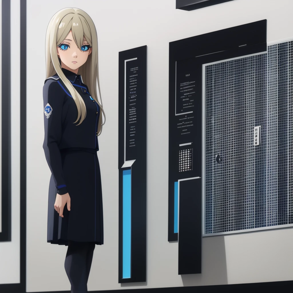 Screencap Blue Lock, a  young woman with blue eyes and a beautiful long and blonde hair, big eyelashes, full lips with lip gloss. She wears a uniform consisting of a white shirt and a black skirt. She is animated a the anime style of the anime Blue Lock. captura de pantalla blue Lock, animada ala estilo del anime Blue Lock