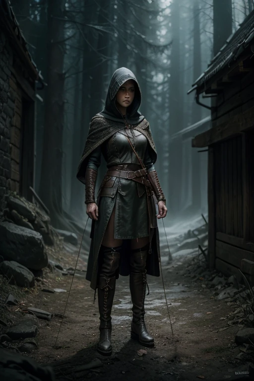 a hooded woman archer,leather boots,rope belt,partially covering face,full body view, elfic fantasy style,detailed portrait,intricate character design,dramatic lighting,moody atmosphere,cinematic composition,static pose,lush environment,medieval fantasy,epic adventure,atmospheric,highly detailed,hyper realistic,award winning digital art,masterpiece