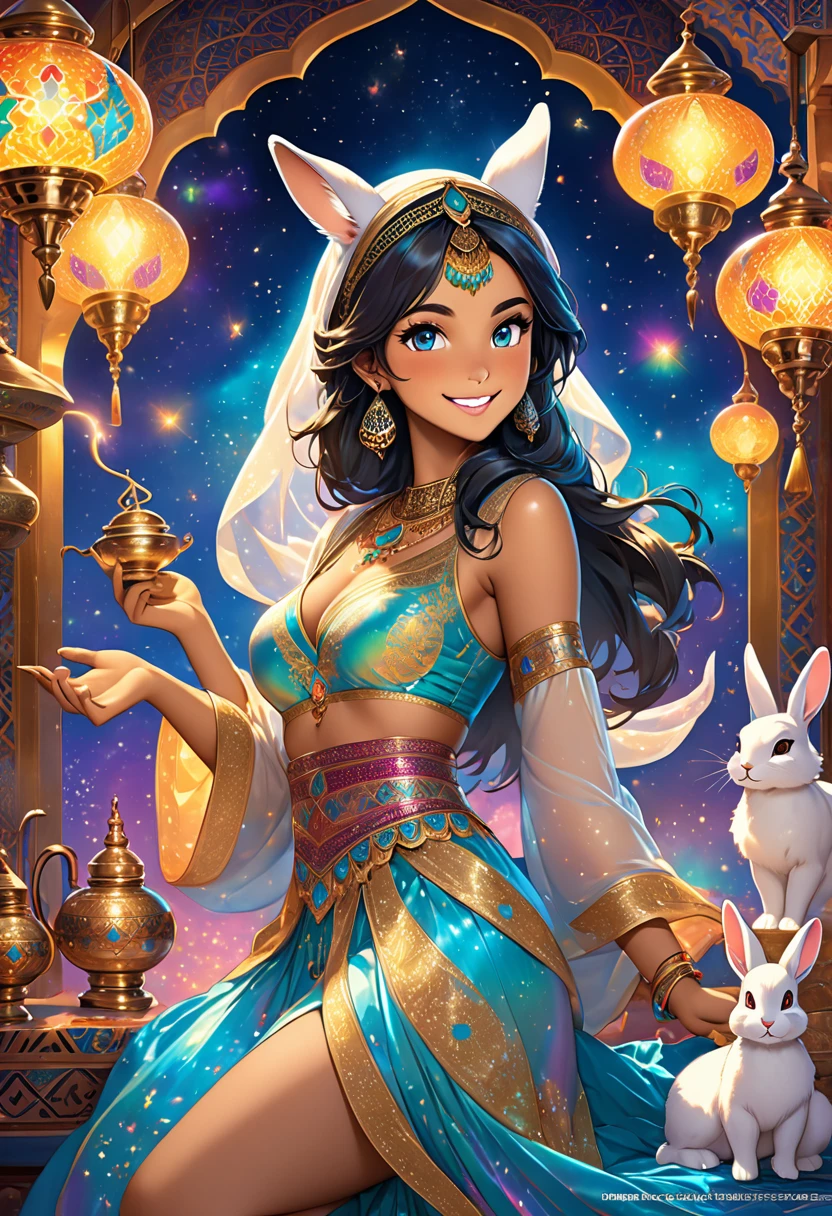 novel illustration, cover page, highres, top quality, best quality, paid reward available, unparalleled masterpiece, perfect artwork, absurdres, High-quality illustrations, super high resolution, detailed background, perfect anatomy(1girl, kemono, rabbit furry anthro, fearless smile, Arab national costume)Aladdin and the magic lamp, arabian clothing, turkish lamps, mystical, dreamy, magical, enchanting, mesmerizing, alluring, seductive, captivating lamps, iridescent, luminescent, glowing, golden, rich tones, vibrant colors, bewitching lights, captivating reflections, luminescent glow, dazzling, dazzling light, enchanting illumination, mesmerizing sparkle, entrancing, bewitching glow, luminous, mesmerizing shimmer, enthralling, bewitching gleam, radiant luminosity, heavenly radiance, celestial luminosity, divine radiance, ethereal brilliance, heavenly illumination, luminescent radiance, luminous sheen, glittering, iridescent shine, bewitching aurora, enchanting aurora,