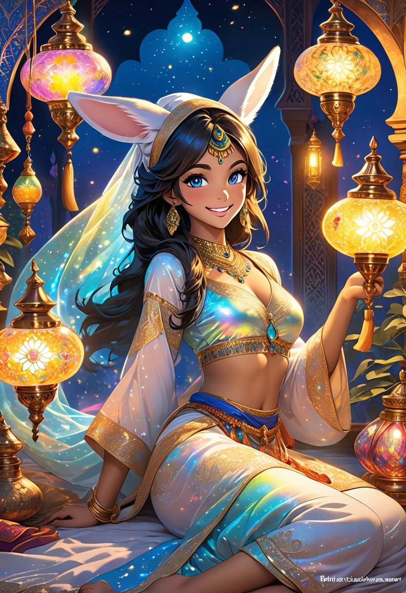 novel illustration, cover page, highres, top quality, best quality, paid reward available, unparalleled masterpiece, perfect artwork, absurdres, High-quality illustrations, super high resolution, detailed background, perfect anatomy(1girl, kemono, rabbit furry anthro, fearless smile, Arab national costume)Aladdin and the magic lamp, arabian clothing, turkish lamps, mystical, dreamy, magical, enchanting, mesmerizing, alluring, seductive, captivating lamps, iridescent, luminescent, glowing, golden, rich tones, vibrant colors, bewitching lights, captivating reflections, luminescent glow, dazzling, dazzling light, enchanting illumination, mesmerizing sparkle, entrancing, bewitching glow, luminous, mesmerizing shimmer, enthralling, bewitching gleam, radiant luminosity, heavenly radiance, celestial luminosity, divine radiance, ethereal brilliance, heavenly illumination, luminescent radiance, luminous sheen, glittering, iridescent shine, bewitching aurora, enchanting aurora,