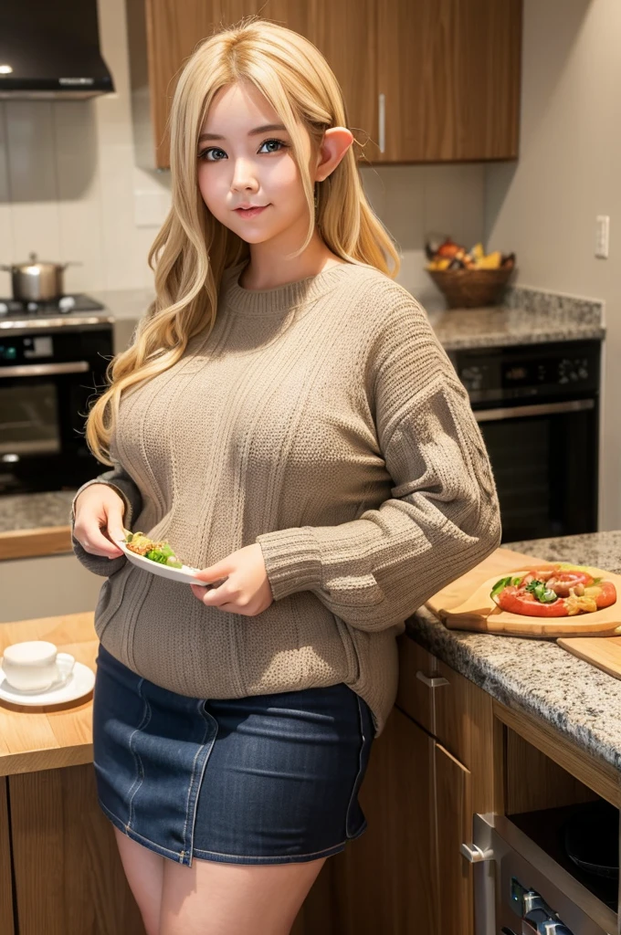 (Superfat:1.5),(Supercurvy:1.5),Create an anime-style image of the main character of "Elf-san wa Yasashiku Sarenai" in a cozy Japanese kitchen. The character Elf-san has long wavy blonde hair, big blue eyes, (super pointy elf ears), (super fat and curvy body), and wears casual, slightly oversized clothing such as loose knit sweaters and short skirts. The kitchen background should include traditional Japanese elements such as a rice cooker, wooden cabinets, a small dining table with chairs, and various cooking utensils such as frying pans and cutting boards. Surround her with a variety of foods to create a warm and cozy atmosphere and emphasize her love of eating.