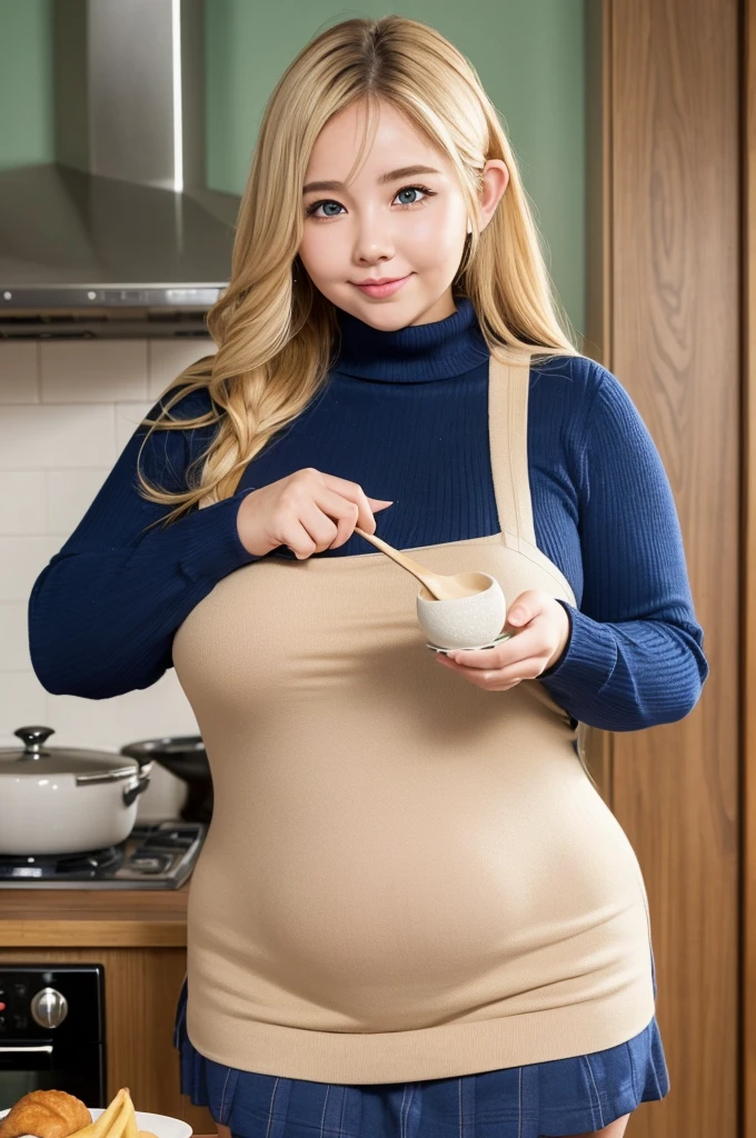(Superfat:1.5),(Supercurvy:1.5),Create an anime-style image of the main character of "Elf-san wa Yasashiku Sarenai" in a cozy Japanese kitchen. The character Elf-san has long wavy blonde hair, big blue eyes, (super pointy elf ears), (super fat and curvy body), and wears casual, slightly oversized clothing such as loose knit sweaters and short skirts. The kitchen background should include traditional Japanese elements such as a rice cooker, wooden cabinets, a small dining table with chairs, and various cooking utensils such as frying pans and cutting boards. Surround her with a variety of foods to create a warm and cozy atmosphere and emphasize her love of eating.