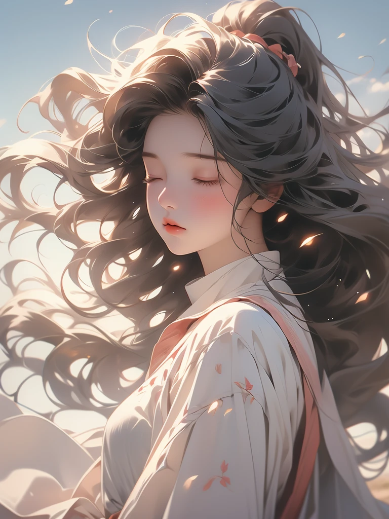 a close up view of a girl with her hair blowing in the wind, 1girl, long hair, solo, upper body, closed eyes, long sleeves