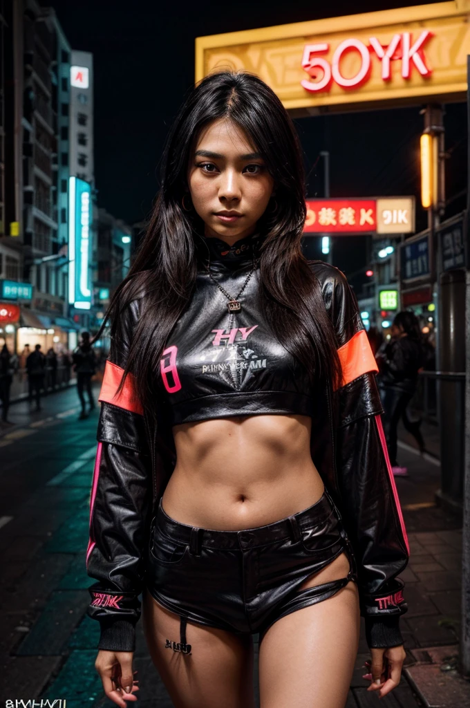 [[((young attractive Singaporean woman with strong Chinese Asian influence, a brown tanned complexion, long straight dark black hair, striking almond-shaped dark brown eyes, and a  frame:1.6)), ((Sophie Tan:1.5)), standing confidently in a vibrant neon-lit city street at night, with colorful signs and a bustling crowd in the background. She is wearing a ((futuristic, neon-colored urban streetwear outfit:1.4)) with intricate patterns and textures that reflect the bright city lights. Accessories include stylish, oversized earrings and a choker with geometric designs. The scene is captured with a ((full-frame DSLR:1.4)) using a ((50mm prime lens:1.4)) for a close-up, fashion-oriented perspective. Professional lighting enhances her natural features, giving her skin a glossy, luminous effect. The image should be in ((8K resolution:1.5)) with ((hyper-realistic detail:1.6)), focusing on the intricate details of her outfit, accessories, and the vibrant neon city background. The overall vibe is cinematic, with a blend of fashion and urban energy, creating a stunning, visually captivating effect.]]