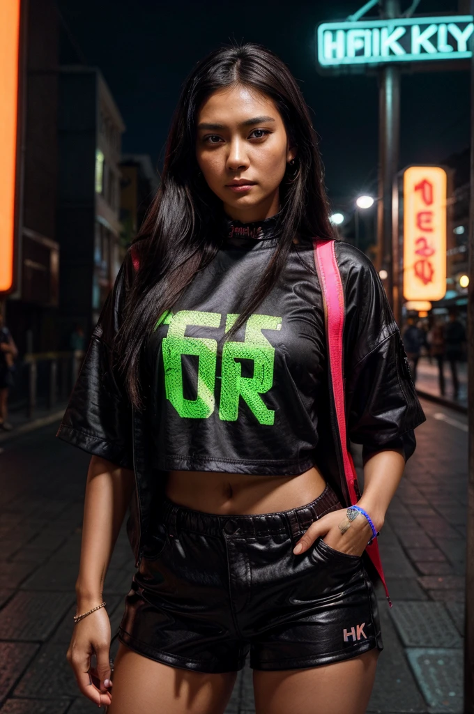 [[((young attractive Singaporean woman with strong Chinese Asian influence, a brown tanned complexion, long straight dark black hair, striking almond-shaped dark brown eyes, and a  frame:1.6)), ((Sophie Tan:1.5)), standing confidently in a vibrant neon-lit city street at night, with colorful signs and a bustling crowd in the background. She is wearing a ((futuristic, neon-colored urban streetwear outfit:1.4)) with intricate patterns and textures that reflect the bright city lights. Accessories include stylish, oversized earrings and a choker with geometric designs. The scene is captured with a ((full-frame DSLR:1.4)) using a ((50mm prime lens:1.4)) for a close-up, fashion-oriented perspective. Professional lighting enhances her natural features, giving her skin a glossy, luminous effect. The image should be in ((8K resolution:1.5)) with ((hyper-realistic detail:1.6)), focusing on the intricate details of her outfit, accessories, and the vibrant neon city background. The overall vibe is cinematic, with a blend of fashion and urban energy, creating a stunning, visually captivating effect.]]