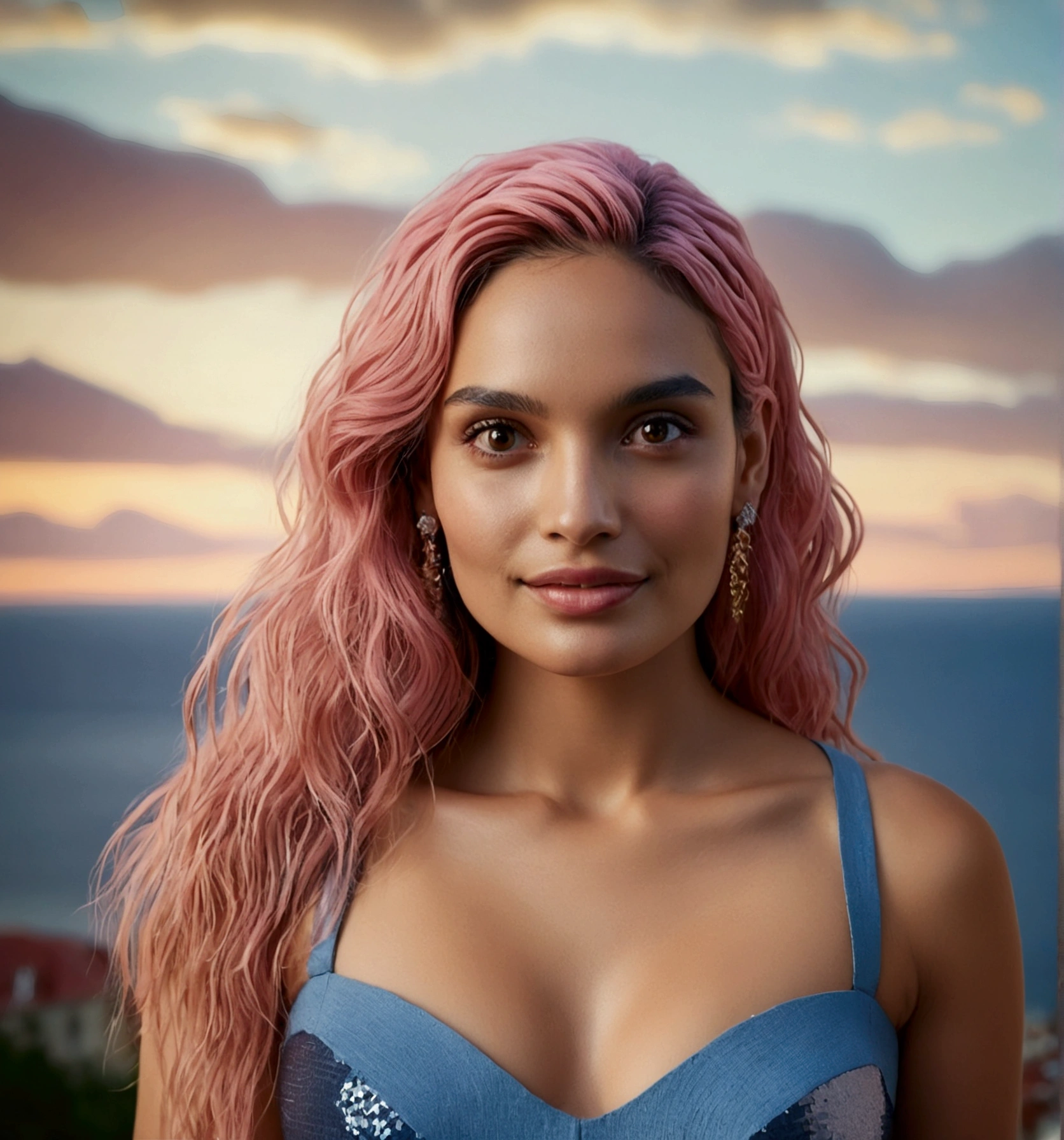 une photographie de (1fille, 21 ans, Sourire séduisant), zh_mariamdomark, seulement, Réaliste, yeux marrons, cheveux roses, cheveux longs, regarder le spectateur, Résistant (haut à sequins et pantalon de créateur), du côté,
